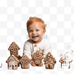 玩的小男孩图片_快乐的小男孩在节日的圣诞姜饼圣