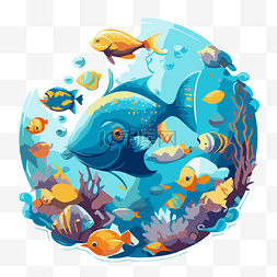 海洋生物贴纸图片_钓鱼和海洋生物多彩水族馆设计剪
