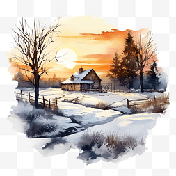 冬季日出景观与农舍的水彩插图