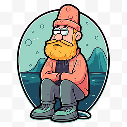 卡通人物留着胡子戴着帽子坐在海