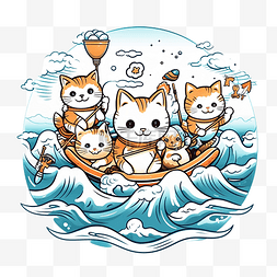 一群猫在海线插画中活动