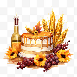 红酒桃红酒瓶图片_感恩节快乐，酒蛋糕蜂蜜玉米和蜡