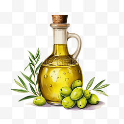 带橄榄叶和树枝插图的橄榄油玻璃
