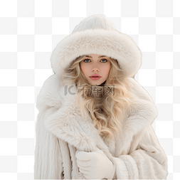 冬天毛皮图片_身穿白色生态毛皮大衣帽子和手套