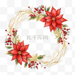 圣诞水彩叶花环图片_金色矩形框架与彩色水彩圣诞一品