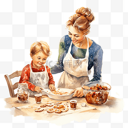 托台图片_母亲带着孩子在桌上煮圣诞饼干