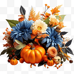 装饰橙图片_秋季花卉组合物，配有橙色和蓝色