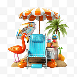 渲染海边图片_沙滩椅与伞棕榈树救生圈海边菠萝