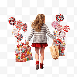 卡通行走着的人图片_拿着一袋传统圣诞糖果的女孩