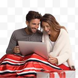 圣诞节购物图片_年轻夫妇在家用信用卡网上购物过