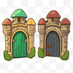 两扇卡通城堡门插画 向量