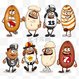 土豆卡通人物与各种职业橄榄球运