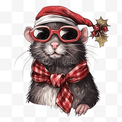素描手绘老鼠图片_圣诞配饰矢量中老鼠的手绘肖像
