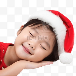 圣诞老人躺着图片_亚洲孩子穿着红色圣诞老人的衣服