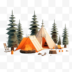 3D 卡通篝火和松林中的帐篷 低聚