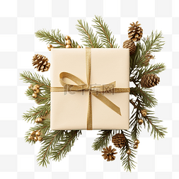 带冷杉树枝和装饰品的圣诞礼物