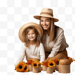 感恩节快乐母亲和女儿木地板树叶