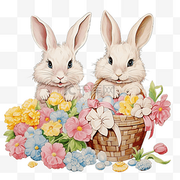 复活节小兔子用鲜花装饰一篮子彩