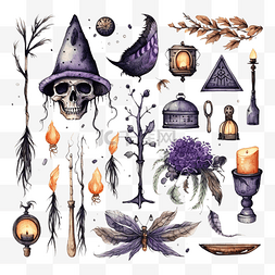 毒蘑菇手绘图片_万圣节水彩套装巫术和巫毒物品手