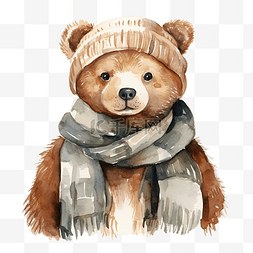 戴着围巾的熊的水彩插图