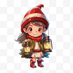 圣诞气氛素材图片_穿着侏儒服装的小女孩手里拿着灯
