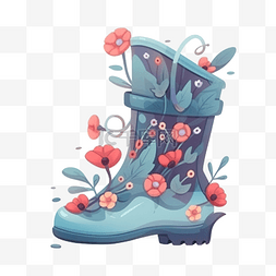 春天主题背景图片_以园艺为主题的蓝色橡胶靴，有红