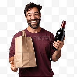 新客户卡图片_纸袋里装着一瓶酒的男子从杂货店