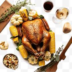 平铺的感恩节餐桌，配有玉米和烤
