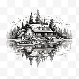 山湖插画图片_湖边的木屋线条艺术插画