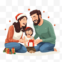 微笑的父母在家里给儿子送圣诞礼