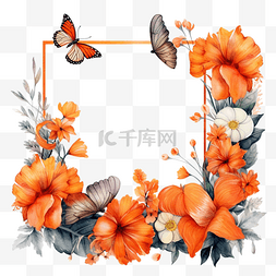 橙色水彩花卉图片_万圣节方形框架，水彩哥特式蝴蝶