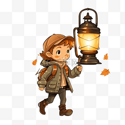 森林里走路图片_一个学龄前男孩提着灯笼在万圣节