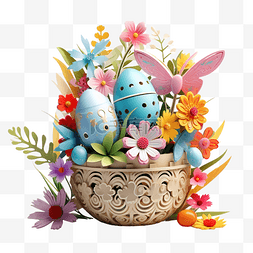 復活節兔子图片_复活节彩蛋篮兔子春天的花朵装饰