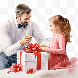父亲在家里给女儿送圣诞礼盒