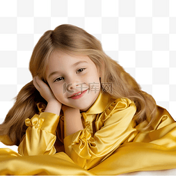 小女孩穿着黄色连衣裙躺在枕头上