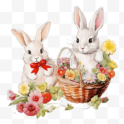 小兔子和装饰着彩绘鸡蛋和鲜花的