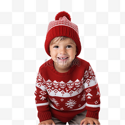 时尚楼梯图片_穿着红色圣诞毛衣的小孩在圣诞屋