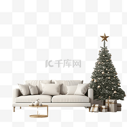 地板沙发图片_客厅内部有圣诞树和白墙上的白色