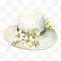 白色编织图片_可爱的白色草帽水彩插画夏季装饰