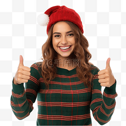 节食模特图片_庆祝圣诞假期的女孩竖起大拇指微