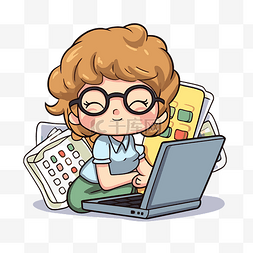 卡通女孩在笔记本电脑上工作的女