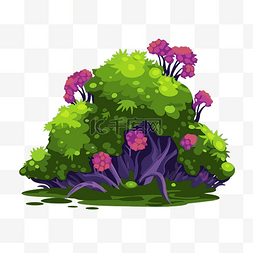绿色卡通小草和花图片_灌木剪贴画小石山绿色和紫色与紫