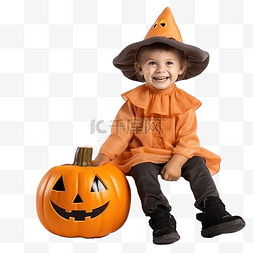 孩子图片_可爱的孩子穿着女巫服装坐在南瓜