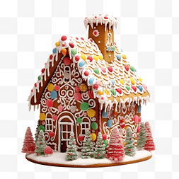 雪花圣诞之夜图片_圣诞树表面装饰有糖果的姜饼屋