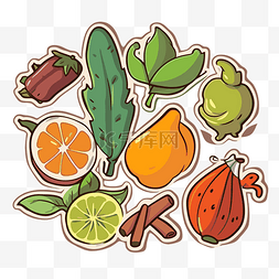 香料贴纸图片_包括不同水果和蔬菜的贴纸集合 
