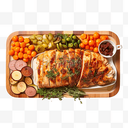 切片肉图片_感恩节餐桌上蔬菜托盘上的切片烤