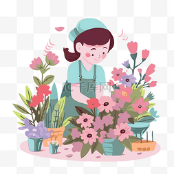 矢量平面插画图片_花店剪贴画女人在花园里种花平面