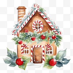圣诞节手绘素材图片_圣诞冬青花束与姜饼屋水彩插图