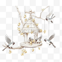 卡通喂鸟图片_快乐的小麻雀和山雀在挂在树枝上