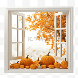 秋天风景插画图片_窗户上有秋天的风景和南瓜感恩节